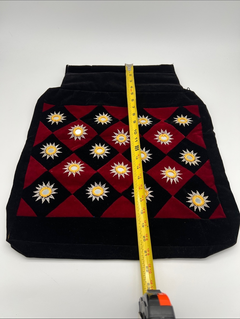 NWOT Handcrafted Velvet Multipurpose Black & Burgundy Handbag w/ Mirror Appliqué - Picture 6 of 10